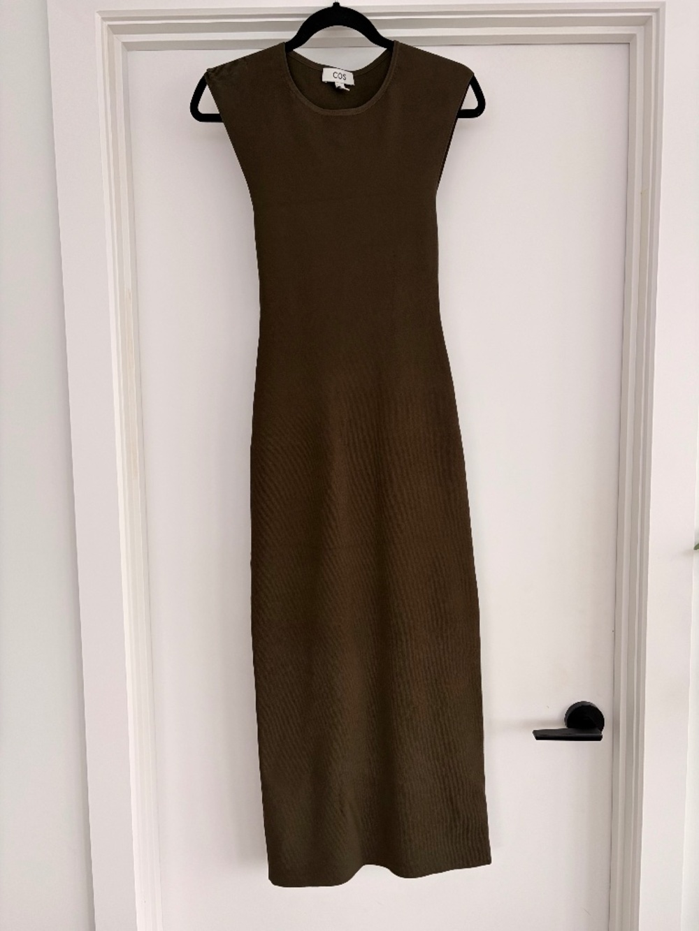 COS Ribbed Knit Midi Dress, Olive, Open Back Cutout, Size XS